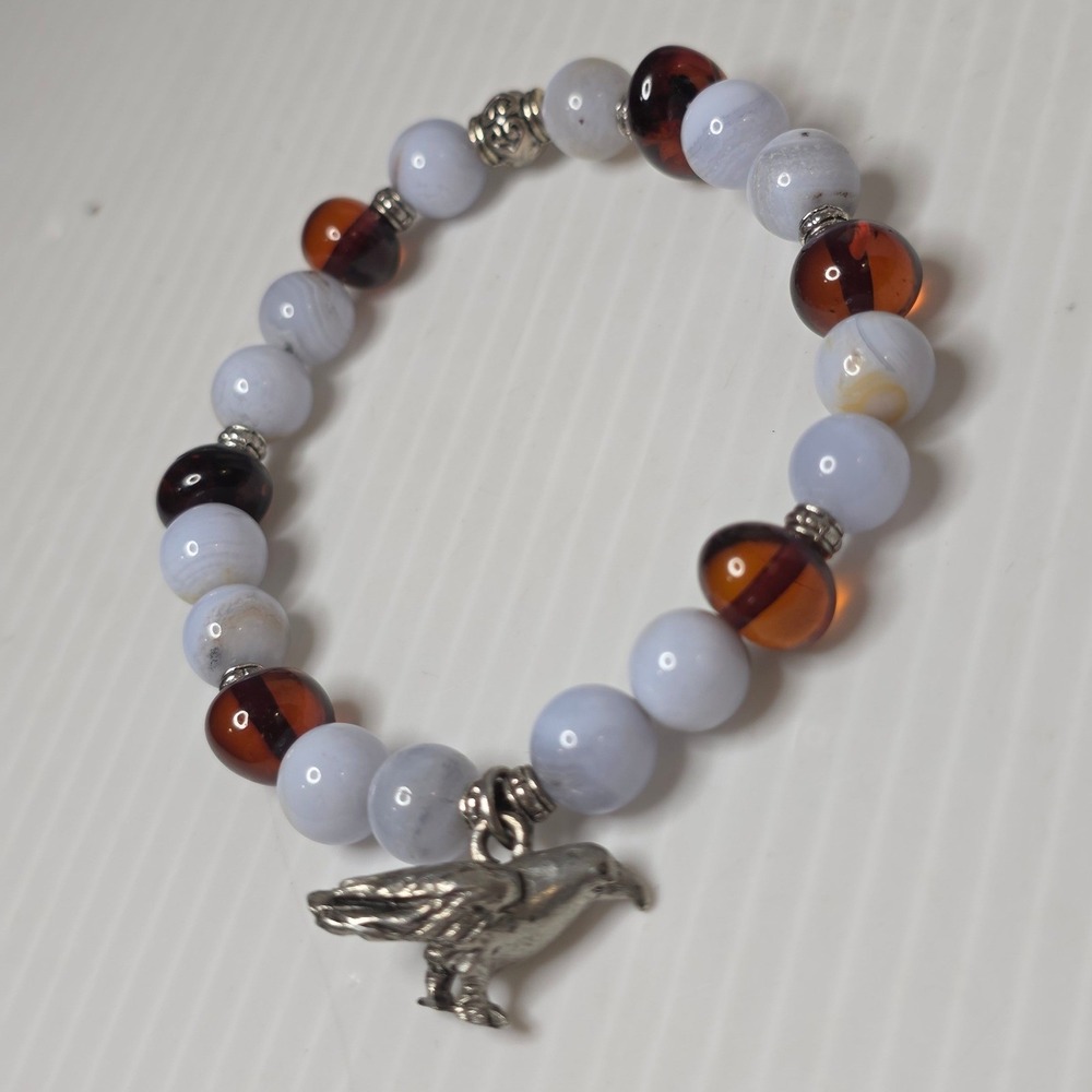 Unbranded Raven Charm Bead Bracelet OS Blue Amber Excellent Stretch - Picture 2 of 6